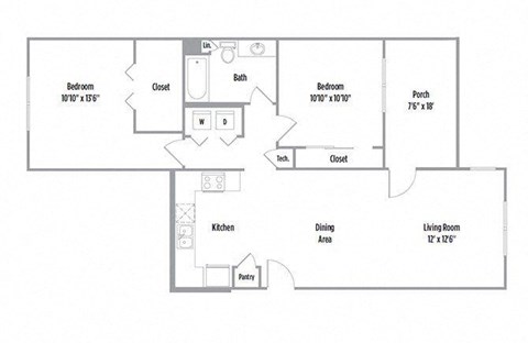 Floor plan for 2 beds, 1 bath, 1013 sqft